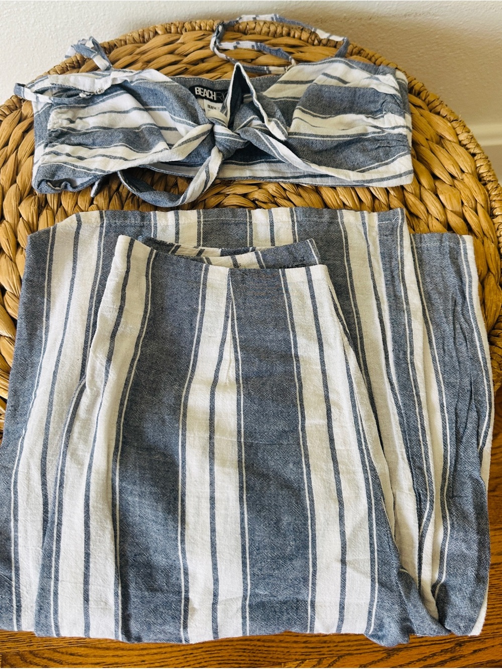 Beach Riot Avery Striped Two Piece Set Tie Front Crop Top Sheer Pants Blue S